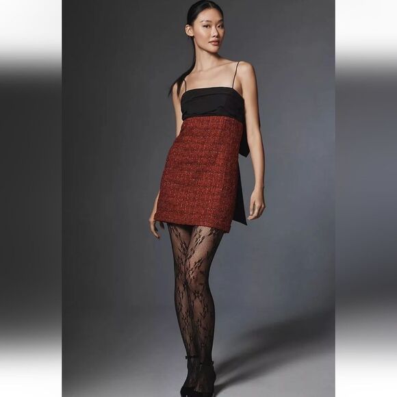 Maeve Bow Square Neck Tweed Strappy Mini Dress Red Black Women's Size Large - Picture 3 of 16